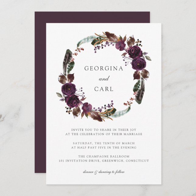 Butterum & Plum Wreath Wedding Invitation (Front/Back)