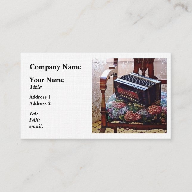 Button Accordion on Chair With Flowered Seat Business Card (Front)