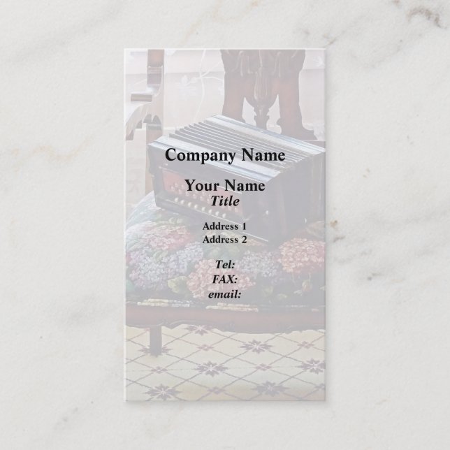 Button Accordion on Chair With Flowered Seat Business Card (Front)