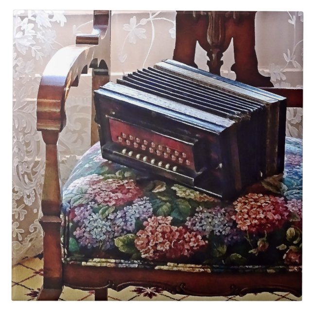 Button Accordion on Chair With Flowered Seat Tile (Front)