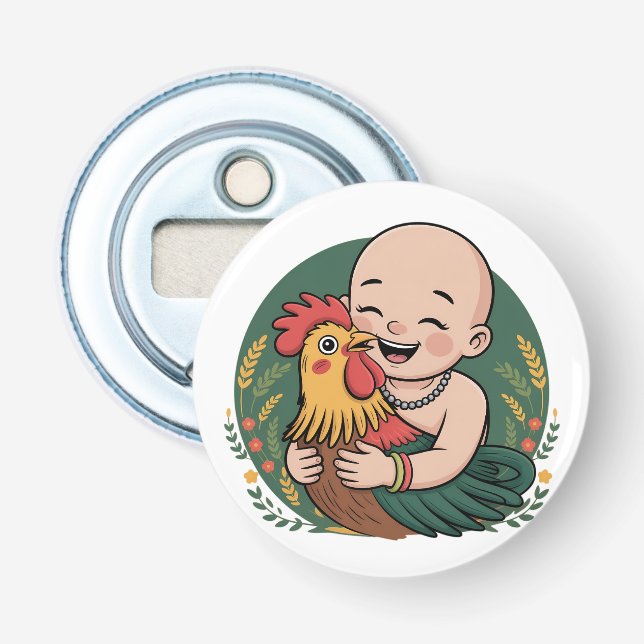 Button Bottle Opener | Chloe Baby Hugs The Rooster (Front)