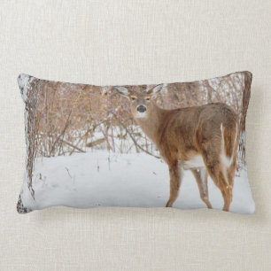 Button Buck Deer in Winter White Snowy Field Lumbar Cushion