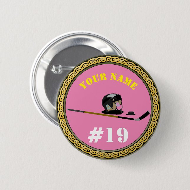 Button Hockey Player - Add Name & Number - pink (Front & Back)