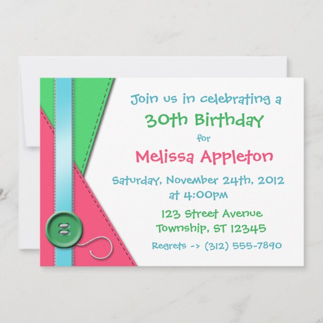 Button ~ Pink, Green & Blue Birthday Invitations (Front)