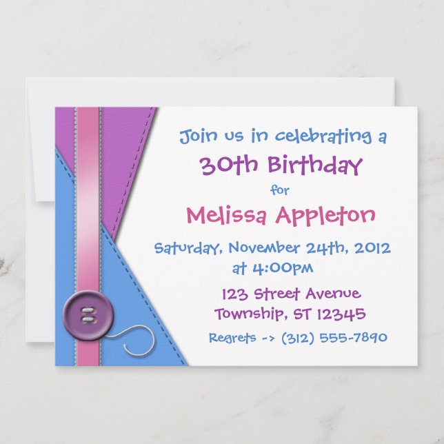Button ~ Purple, Blue & Pink Birthday Invitations (Front)
