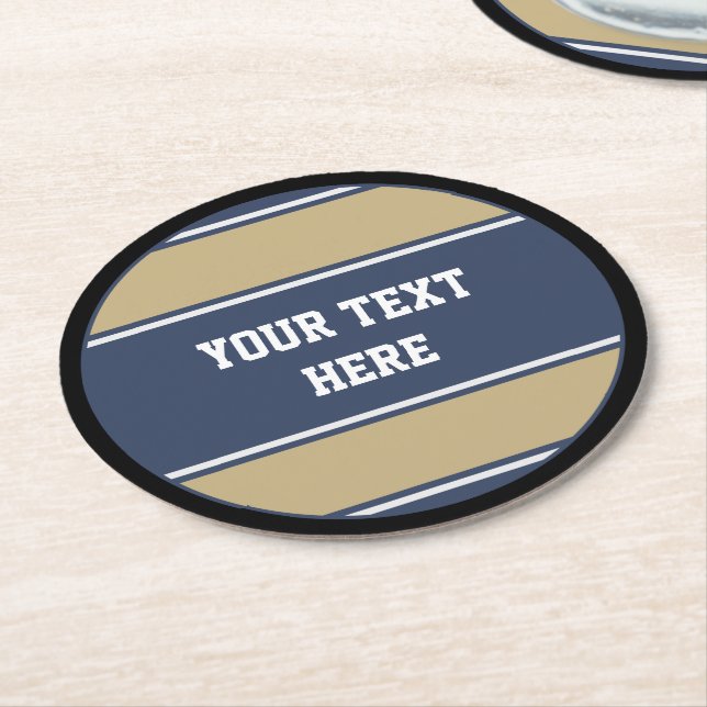 BUTTON ROUND stripes blue beige grey + your text Paper Coaster (Angled)