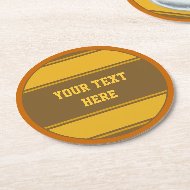 BUTTON ROUND stripes dark yellow + your text Paper Coaster (Angled)