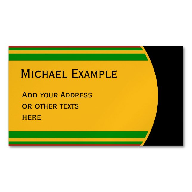 BUTTON ROUND stripes green red yellow + your text Magnetic Business Card (Front)