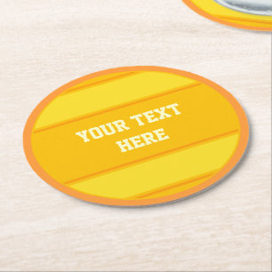 BUTTON ROUND stripes orange yellow + your text Paper Coaster