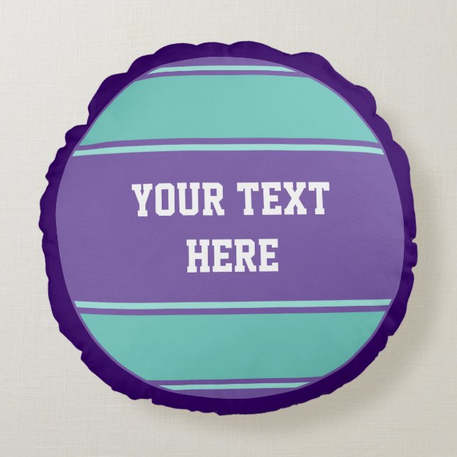 BUTTON ROUND stripes violet cyan + your text Cushion (Front)