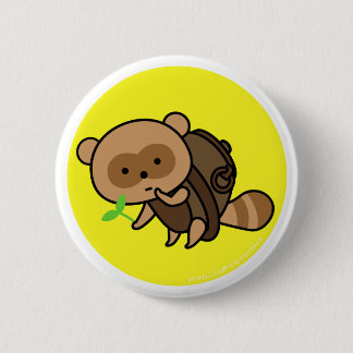Button - TeaKettle Tanuki with Leaves - Yellow