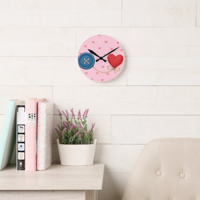  Button & Thread of Love – Cute Heart Design Round Clock (Reading Room)