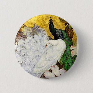 Button: White and Blue Peacocks 6 Cm Round Badge