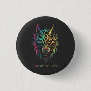 Button with colourful tribal wolf face