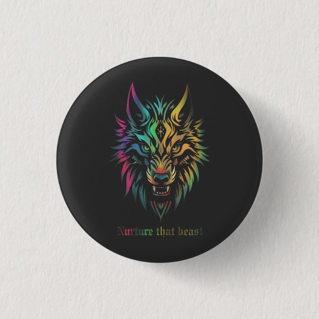 Button with colourful tribal wolf face (Front)