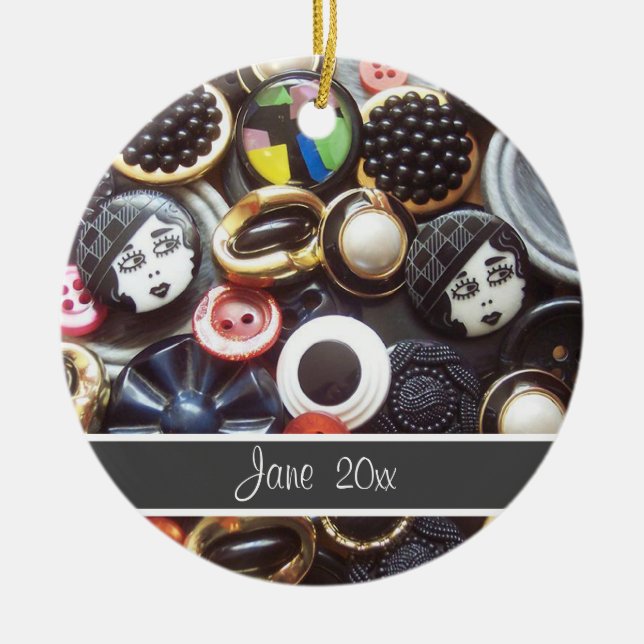 Buttons Flapper Black and White Ceramic Tree Decoration (Front)