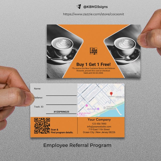 Buy 1 Get 1 Free Grey Black Orange Employee Reward Referral Card (Buy 1 Get 1 Free Gray Black Orange Employee Reward Referral Card, BOGO Small Business Marketing Tool)