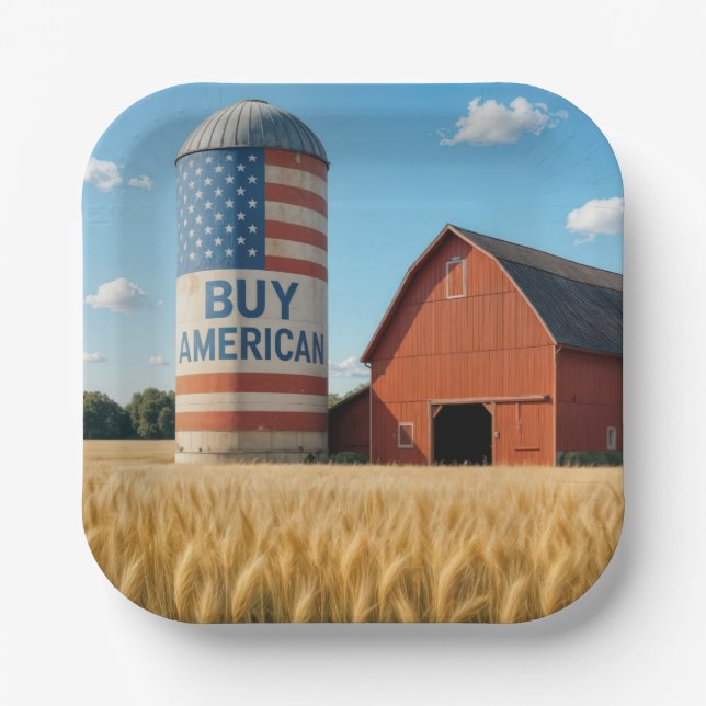 BUY AMERICAN Text With Flag On a Barn Silo Paper Plate (Front)