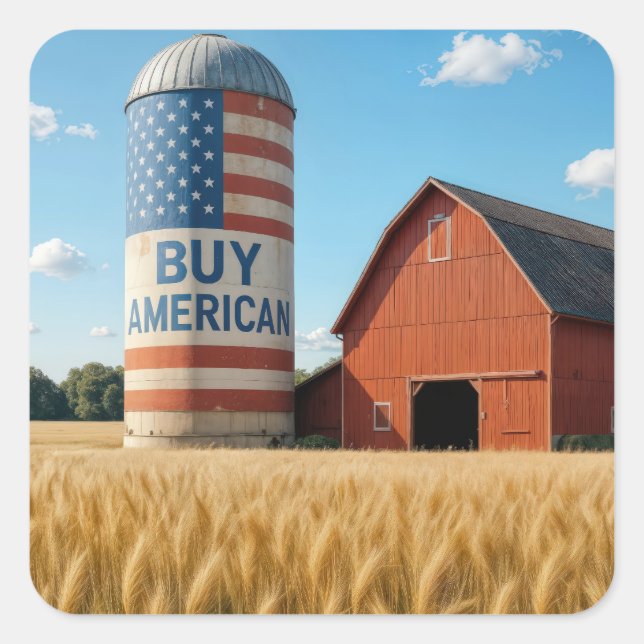 BUY AMERICAN Text With Flag On a Barn Silo Square Sticker (Front)