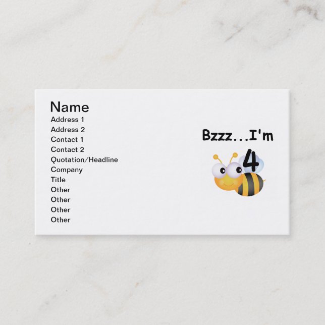 Buzz Bumblebee 4th Birthday T-shirts and Gifts Business Card (Front)