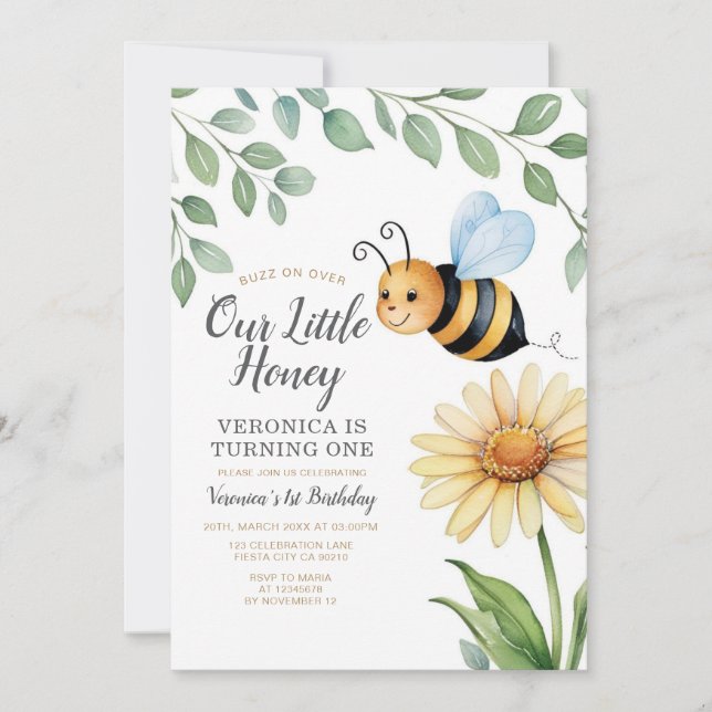 Buzz On Over Our Little Honey is Turning One Bee Invitation (Front)