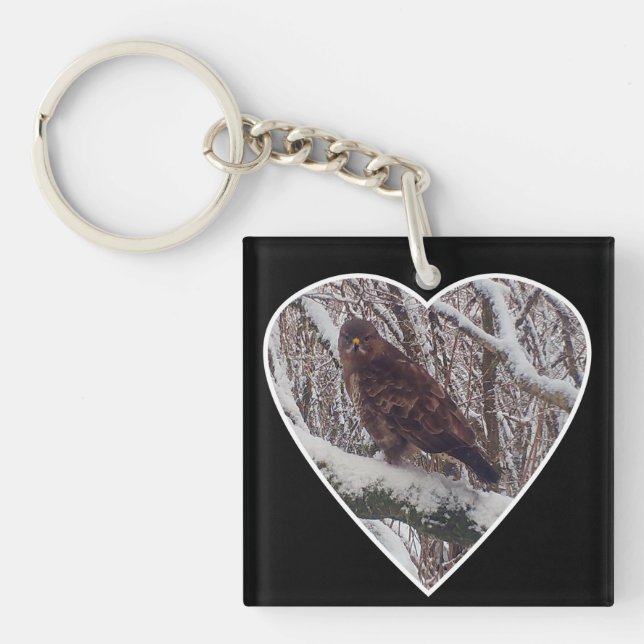 Buzzard on Snowy Branch in Heart  Key Ring (Front)