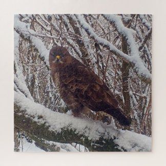 Buzzard on Snowy Branch Winter Woodland Jigsaw Puzzle