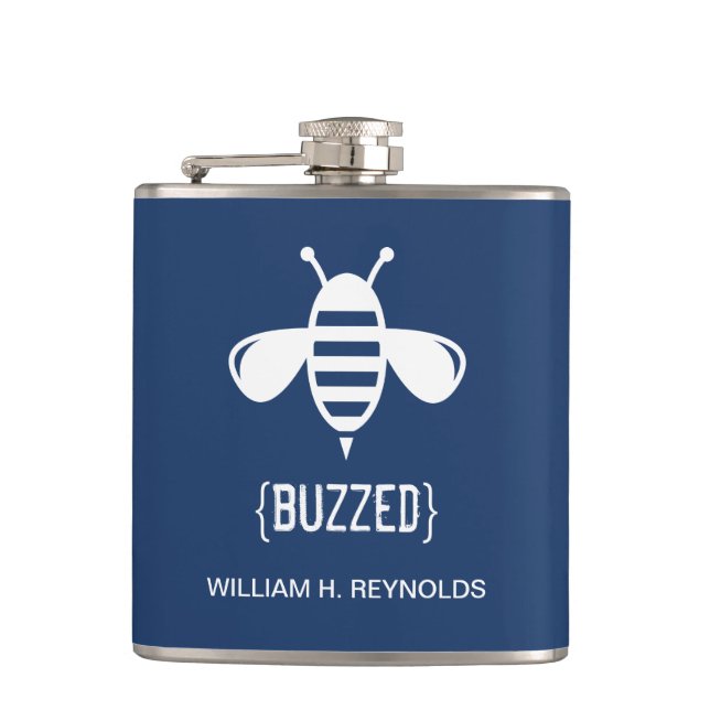 {BUZZED} Bridal Party Buzzed Bee Gift (navy) Hip Flask (Front)