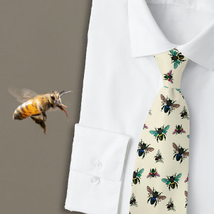 Buzzing Bees Pattern Ecru Tie