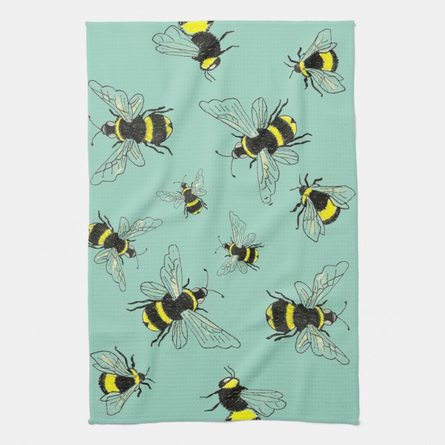 Buzzing Bright: Seafoam & Bumblebee Kitchen Towel (Vertical)