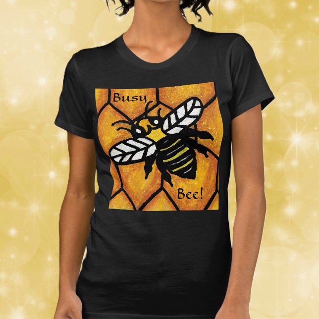 Buzzing Busy Cute Bee Honeycomb T-Shirt (Big cute bumble bee yellow and black on honeycomb on black tee shirt.)