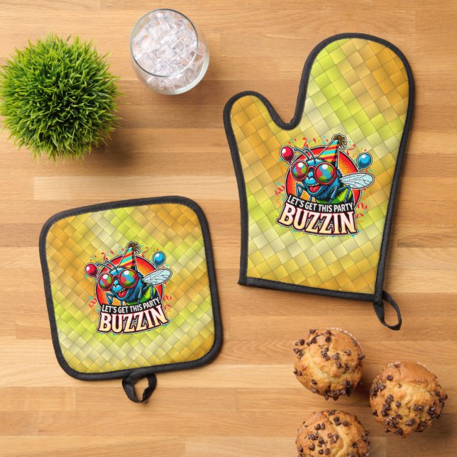 Buzzing Celebration Oven Mitt & Pot Holder Set (Top Down)