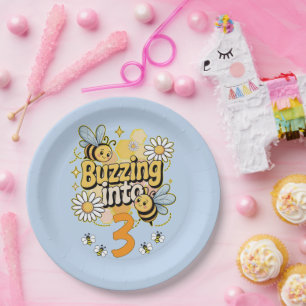 Buzzing Into Custom Name and Age Cute Bee Birthday Paper Plate