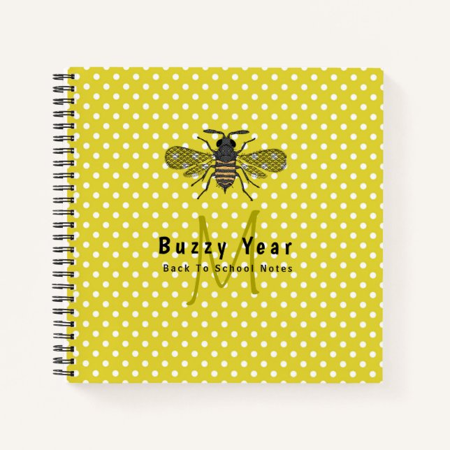 BUZZY YEAR Monogram BEE Yellow Polkadots Student Notebook (Front)