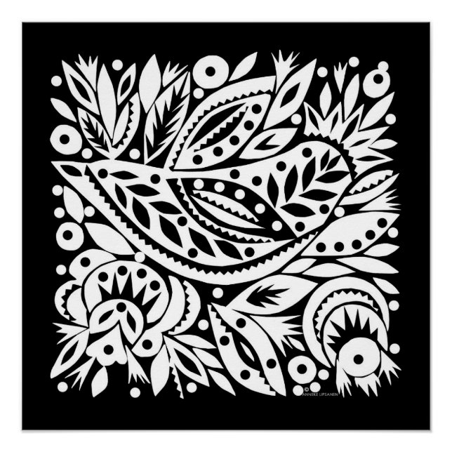 BW Bird Art Cutouts Poster - Negative Image (Front)