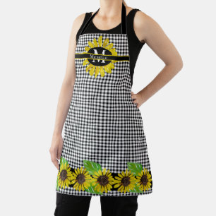 BW Buffalo Checks Pattern Monogram   Sunflowers Apron