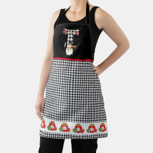 BW Buffalo Checks Pattern Monogram T   Snowman Apron