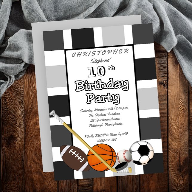 BW Colour Block All Star Sports Birthday Party Invitation (Gray | White Blocks Sports All Star Sports Birthday Party Invitation)