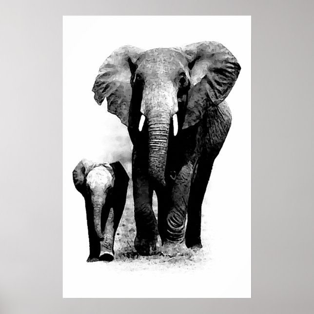 BW Elephant & Baby Elephant Poster (Front)