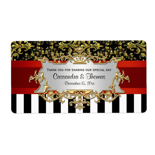 BW Stripe, Black Gold Damask H Wine Bottle Label (Front)