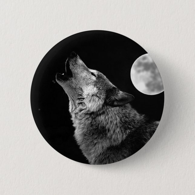 BW Wolf Howling at Moon 6 Cm Round Badge (Front)