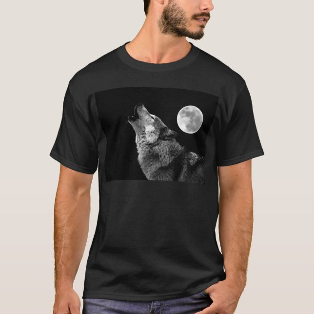 BW Wolf Howling at Moon T-Shirt (Front)
