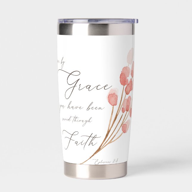 By grace you have been saved, pink floral  insulated tumbler (Left)