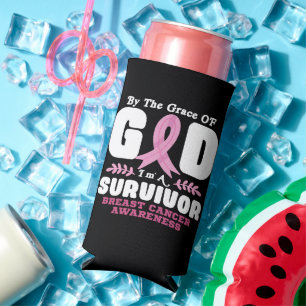 By The Grace God Im A Survivor Breast Cancer Seltzer Can Cooler