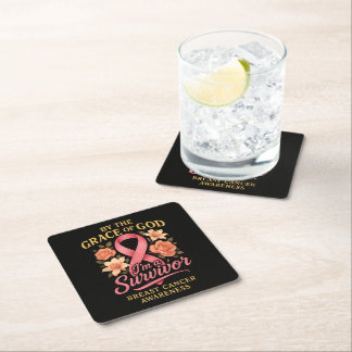 By The Grace Of God Breast Cancer Survivor Faith Square Paper Coaster