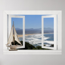 By the Ocean -- Open Window View with Sail Boat