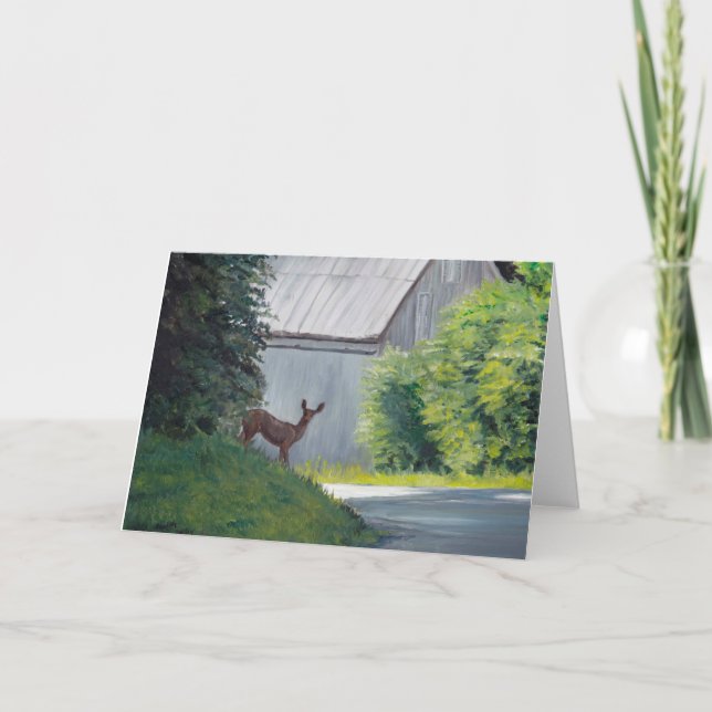 By the White Shed Deer Animal Art Greeting Card (Front)