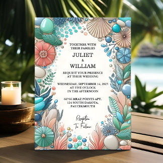 By Tribal Aqua Sand Work Stacked Sea Glass Wedding Invitation