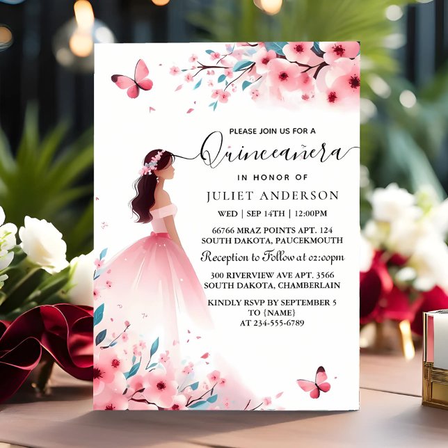 By Wood Tree Pink Girly Cherry Blossom Quinceanera Invitation (Creator Uploaded)