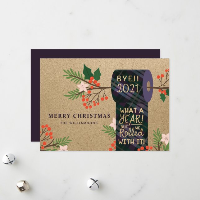 Bye 2020 We Rolled With It Plaid Toilet Paper Roll Holiday Card (Front/Back In Situ)